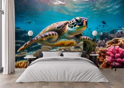 Sea turtle swims underwater. Undersea world. Wall mural