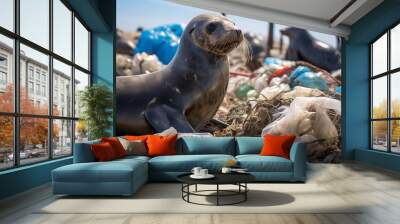 Seal on piles of plastic garbage Wall mural