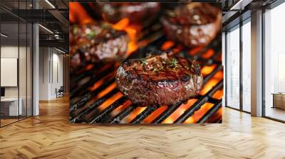 Steaks on the Flaming Grill: Perfect Summer BBQ Cooking with Juicy Beef Steaks Wall mural