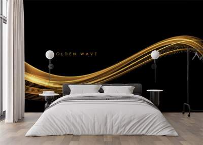 Abstract Gold Waves. Shiny golden moving lines design element with glitter effect on dark background for greeting card and disqount voucher. Wall mural