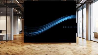 Abstract Gold Waves. Shiny golden moving lines design element with glitter effect on dark background for greeting card and disqount voucher. Wall mural