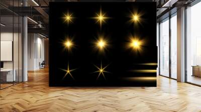 Gold Glow lighting Star. Collection of different light effects on black background. Set of Transparent Sparkling stars. Realistic vector illustration Wall mural