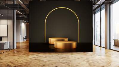 Minimal black scene with geometric shapes. Cylindrical gold and black podium on a black background. 3D stage for displaying a cosmetic product Wall mural