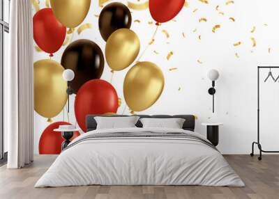 Red, black and gold balloons and golden confetti. Vector glossy realistic baloon on transparent background Wall mural