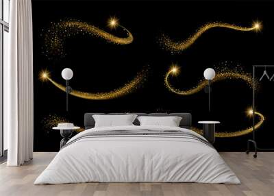 Set golden shimmering waves with light effect isolated on black background. Gold glittering star dust trail. Magic motion swirl lines. Wall mural