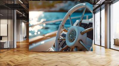 The helm symbolizes victory, personifies leadership qualities, love of freedom. Steering wheel on yacht with sea and sky. Concept freedom and adventure. Wall mural