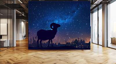 The silhouette of a ram against the blue starry sky and buildings of a Muslim city. Religious feast of sacrifice eid al-adha Wall mural