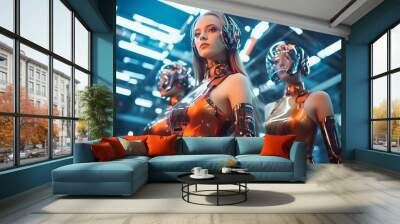 Three robot girls with blond hair in high-tech suits and headphones Wall mural