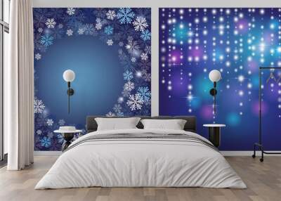 Two winter backgrounds with snowflakes, stars and shiny garlands. Holiday templates. Background for new year greeting card or invitation. Wall mural