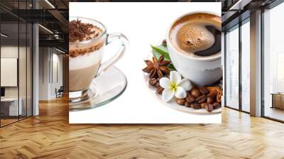 Various coffee drinks isolated on white background. Collection of cups of coffee mocha, latte, hot chocolate, black coffee, cappuccino, flat white. Wall mural