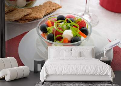 Salad of lettuce, cherry tomatoes, olives and mozzarella with pe Wall mural