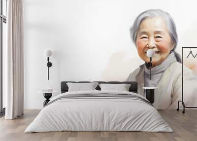 watercolor illustration of senior Asian lady with grey hair, isolated on clean white background Wall mural