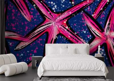 Seamless pattern with bright starfish on dark blue background Wall mural