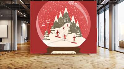 Fabulous glass ball with ski resort landscape and people entertain winter sports. Snowboarders and Skiers on the mountain inside snow globe. Happy holidays greeting card Wall mural