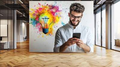 Man using mobile phone,  creative ideas, lightbulb,  imagination Wall mural