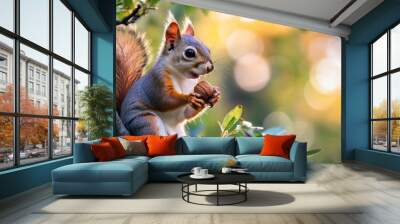 Squirrel enjoying a snack in the sun Wall mural