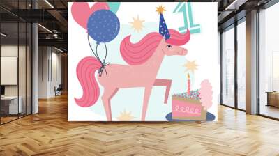 Fist birthday wishes hand drawn greeting card template. Cute horse character in party hat with balloons and birthday cake vector illustration.
 Wall mural