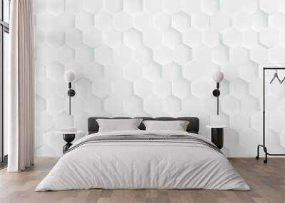 3D Futuristic honeycomb mosaic white background. Realistic geometric mesh cells texture. Abstract white vector wallpaper with hexagon grid Wall mural