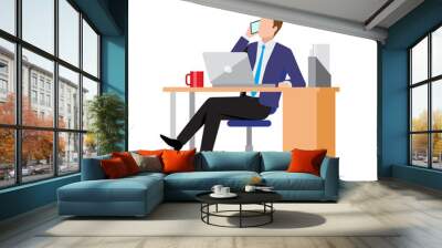 Busy businessman using phone and laptop in office at workplace, consulting client by smartphone, making call, vector illustration in flat style Wall mural