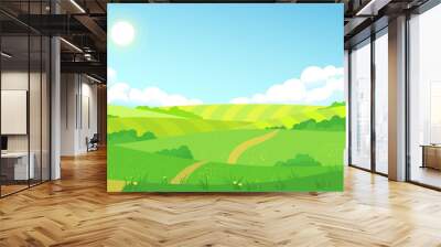 Colorful sunny summer bright fields, hills landscape, green grass, clear blue sky with clouds and sun, flat style vector illustration Wall mural