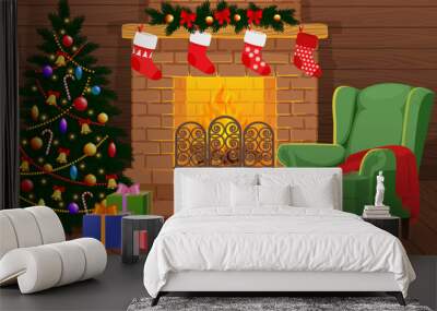 Decorated cozy Christmas room with xmas tree, colorful gift boxes with bows, bright fireplace with fire, comfortable armchair, winter holiday interior, vector illustration Wall mural