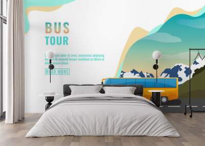 Landing page design, banner with bus tour, tourism concept, yellow bus on road, beautiful sky and mountains, vector Wall mural