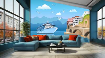 Landscape with Great cruise liner near coast with buildings and houses, tourism Wall mural