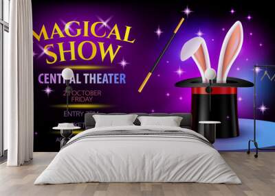 Magical show ticket, poster or flyer with bunny ears in hat. Illusionist performance invitation design with mock up. Vector illustration in flat style Wall mural