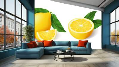 Realistic bright yellow lemon with green leaf whole and sliced set Wall mural