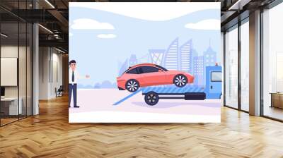 Roadside assistance concept. Broken car on tow truck and cartoon man calling emergency service, vector illustration in flat style Wall mural