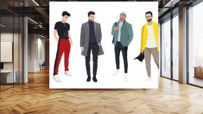 Set of men dressed in stylish trendy clothes, trendy guys, models in modern street style, autumn looks - jackets, coats, baseball caps, joggers vector male cartoon characters, vector illustration Wall mural