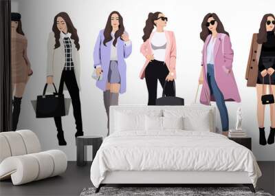 Set of women dressed in stylish trendy clothes Wall mural