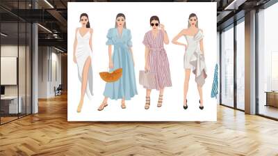 Set of women dressed in stylish trendy pastel color summer spring prom dress clothes 2021 - fashion street style Wall mural