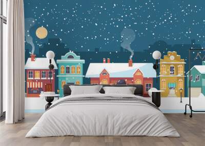 Snowy Christmas night in the cozy town, panorama Wall mural