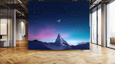 Snowy mountains silhouettes, pink and blue night sky landscape with stars, starry sky, half moon, crescent, vector illustration Wall mural