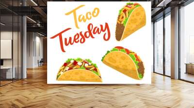 Traditional taco Tuesday poster with delicious tacos, Mexican food Wall mural