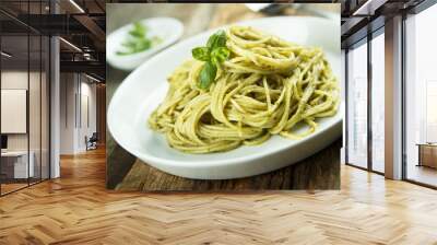 Pasta with homemade green basil pesto Wall mural