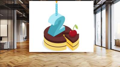 2 birthday cake isometrics. number two with candle. celebration Wall mural