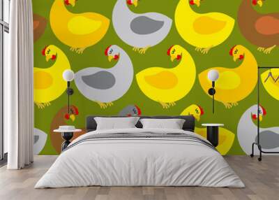 Chicken seamless pattern. Chicken farm. Many colored birds. Vect Wall mural