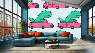 Dinosaur in car pattern seamless. Tyrannosaurus rides auto background. T-rex in vehicle texture. Baby fabric ornament Wall mural