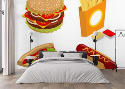 Set Fast food isometrics. Big juicy hamburger and chop. French f Wall mural