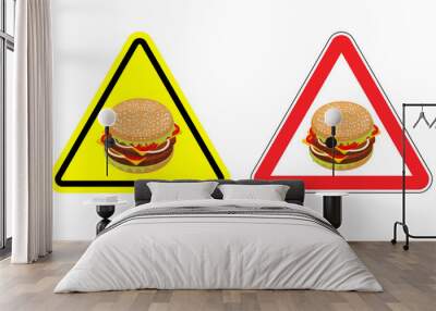 warning sign of attention hamburger. dangers yellow sign fast fo Wall mural