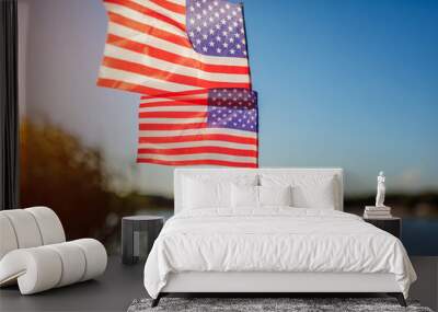 Woman holding USA flag. Celebrating Independence Day of America Wall mural