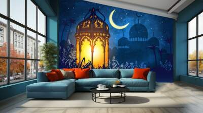 Cover card with lantern on a dark background. Vector illustration Wall mural