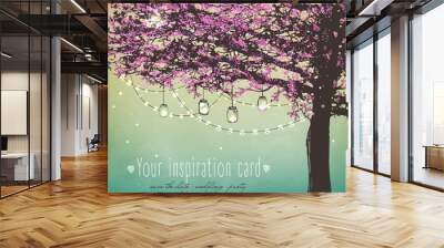 Inspiration card for wedding, date, birthday, tea and garden party.  Beautiful pink tree with decorative lights for party Wall mural