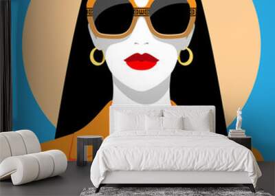 1340_Vector portrait of beautiful woman with long black hair wearing fashionable sunglasses and elegant jacket Wall mural