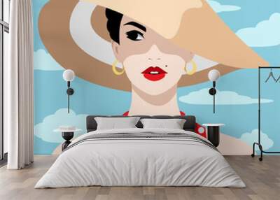 1370_Beatiful woman wearing large sun hat and red dress Wall mural