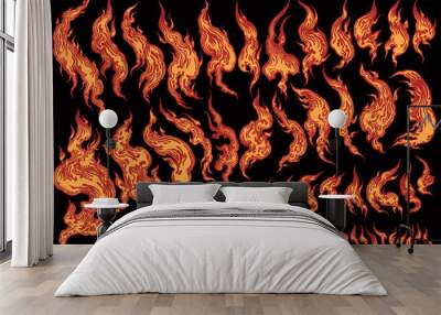 Flames. Design set. Editable hand drawn illustration. Vector engraving. Isolated on black background. 8 EPS Wall mural