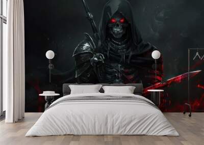 A black hooded skull with red glowing eyes and a sword on its back. AI generated images Wall mural