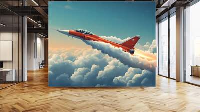 An orange fighter jet flies through the clouds at sunset. Wall mural